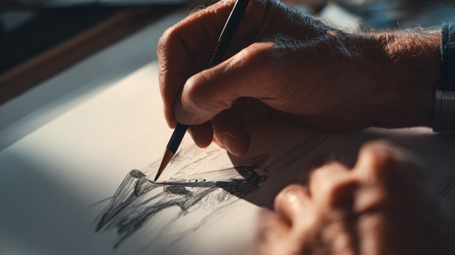 A hand sketches a summit silhouette in pencil