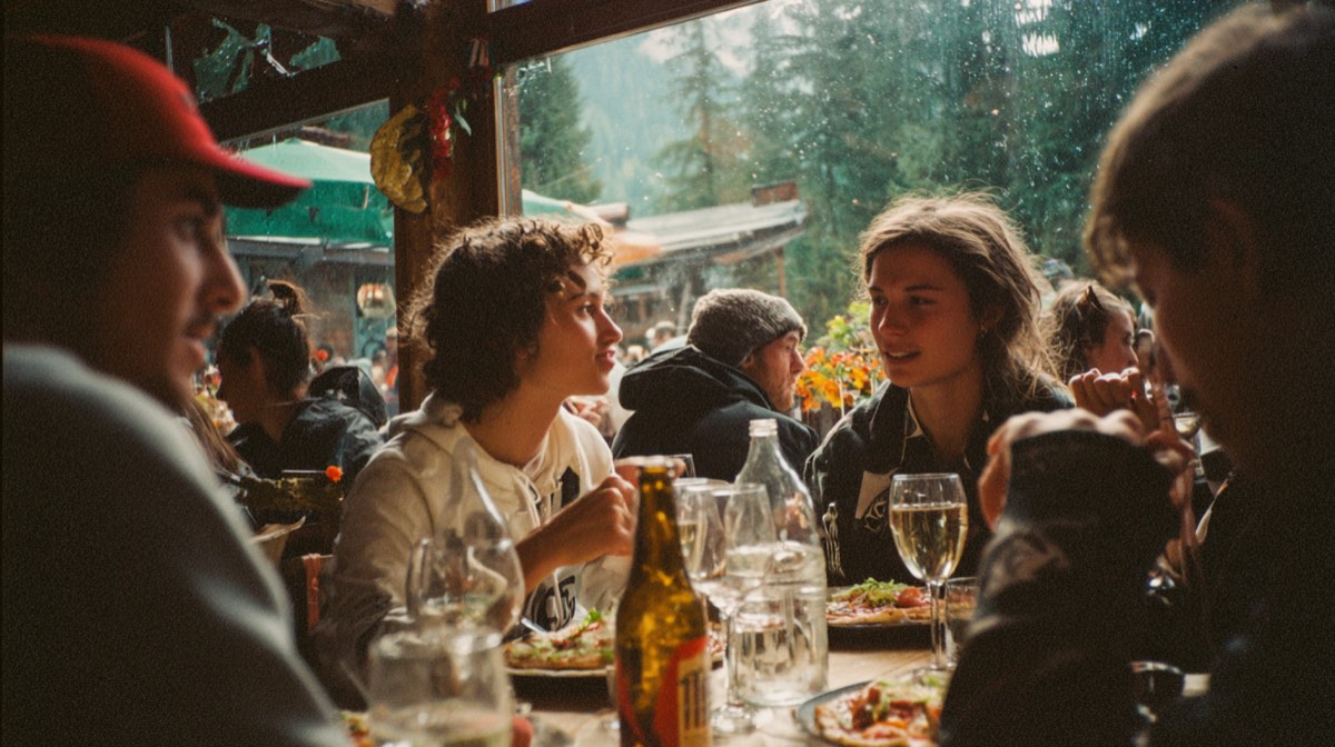 A group of friends having lunch on a mountain terrace