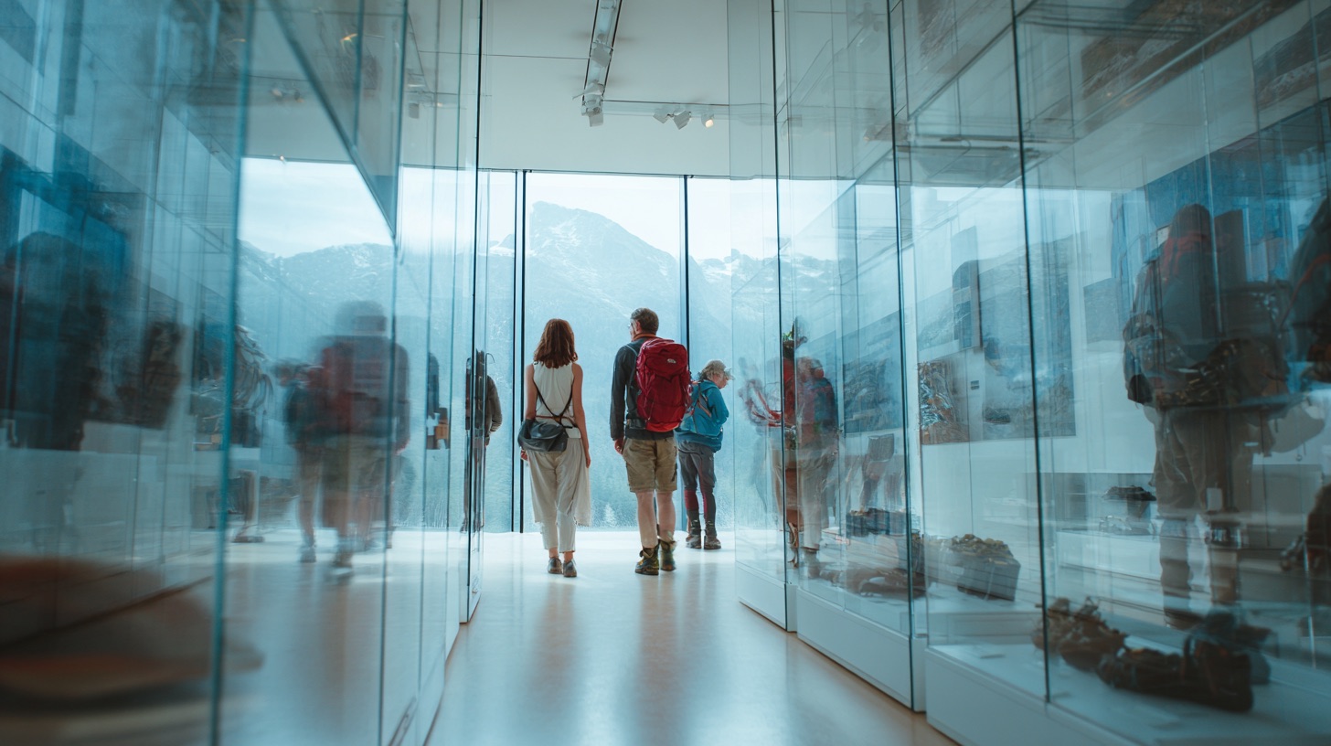 Visitors in a glass-walled gallery facing the summits