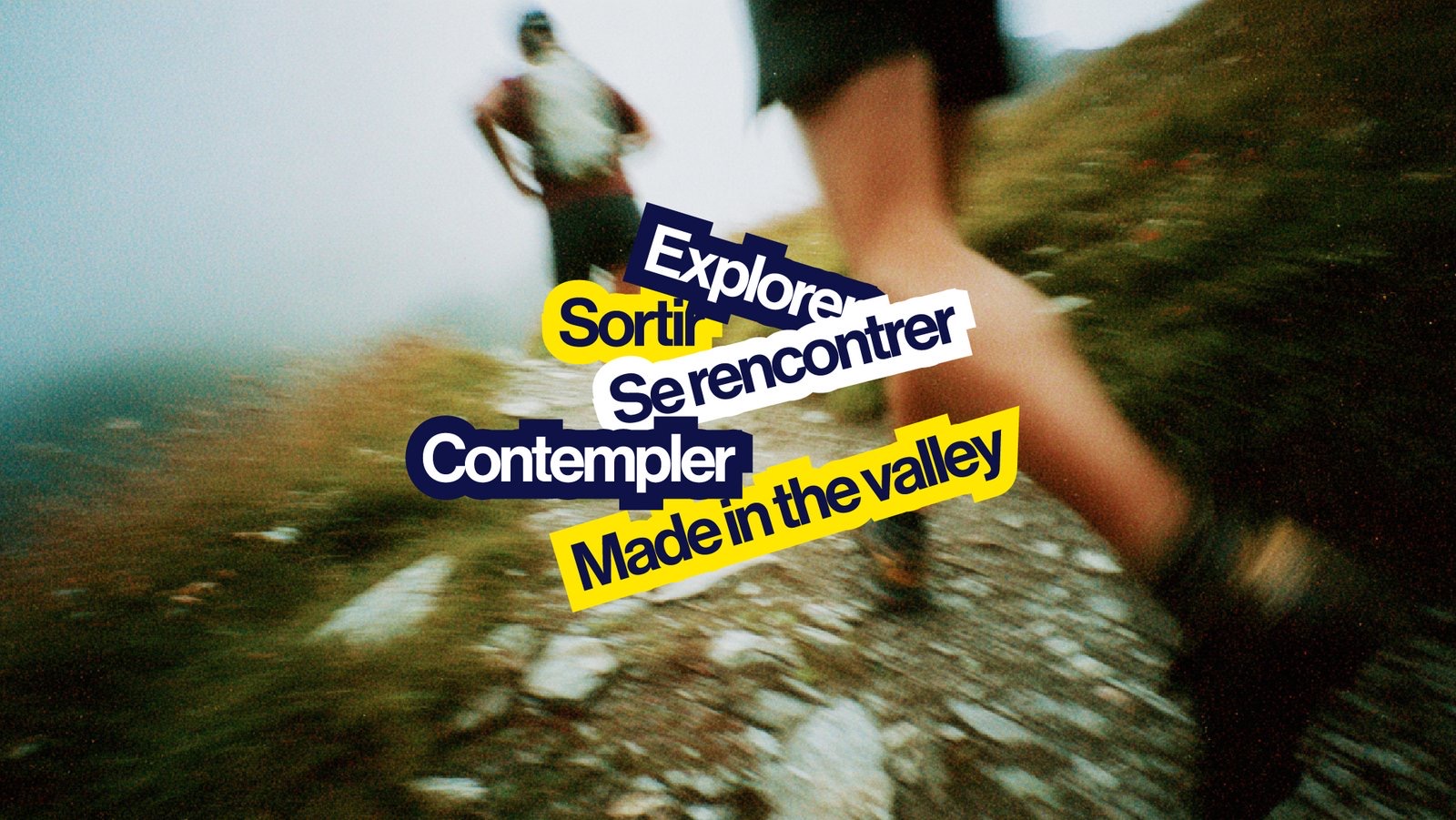 Trail runners with the webzine's editorial keywords overlaid
