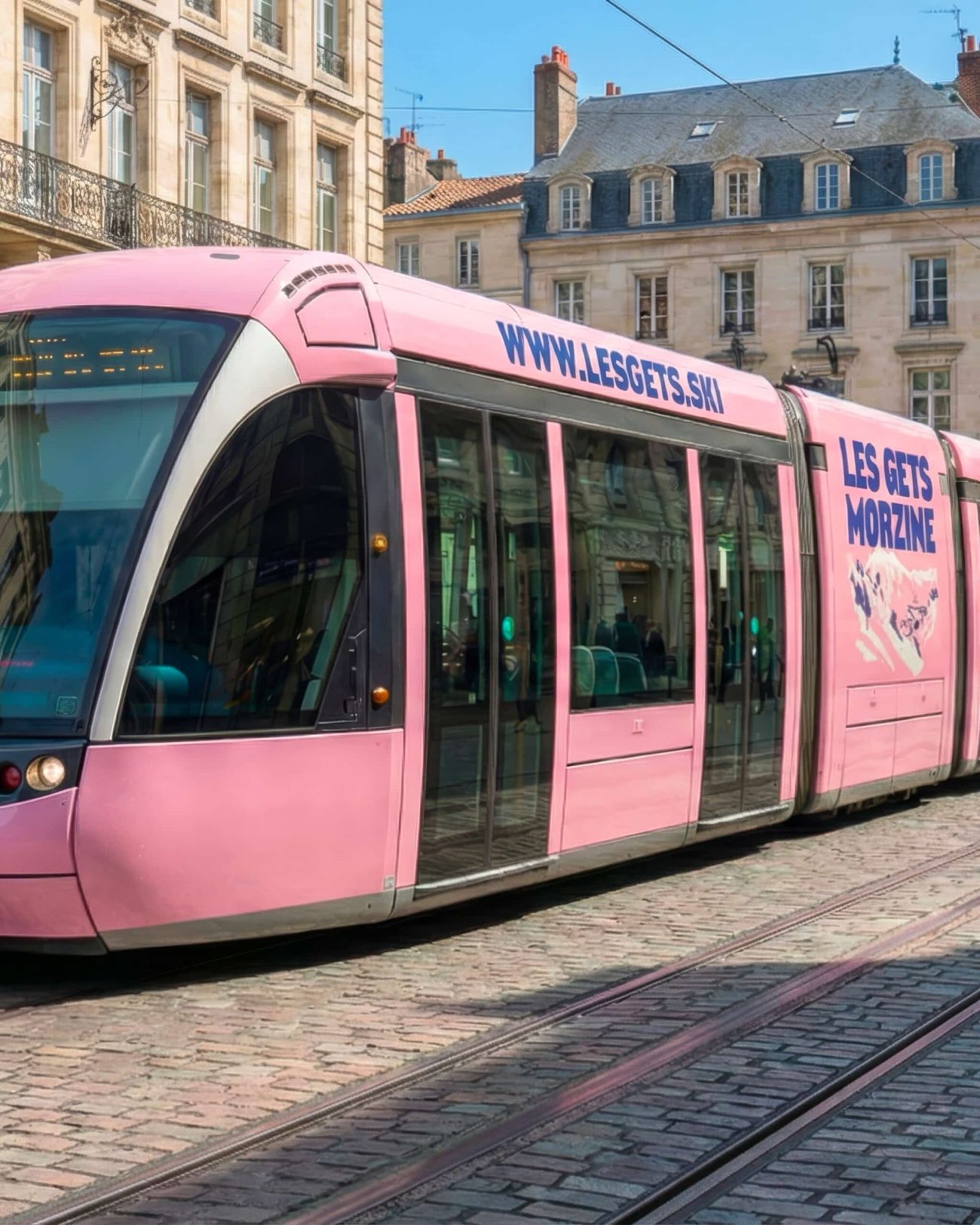A tram dressed in the campaign's colours in the city