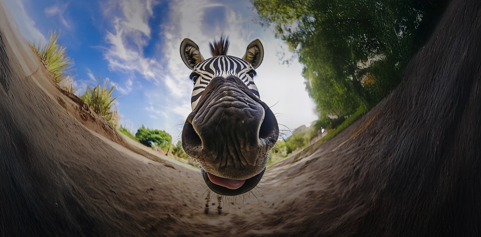 Wide-angle close-up on a zebra's muzzle